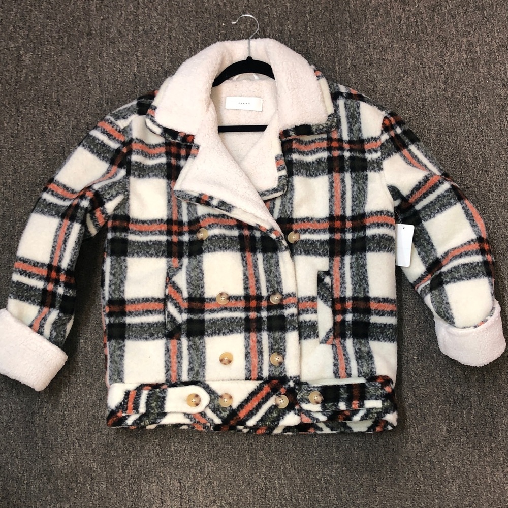 Zara Black and White Plaid Pea Coat with Sherpa Collar